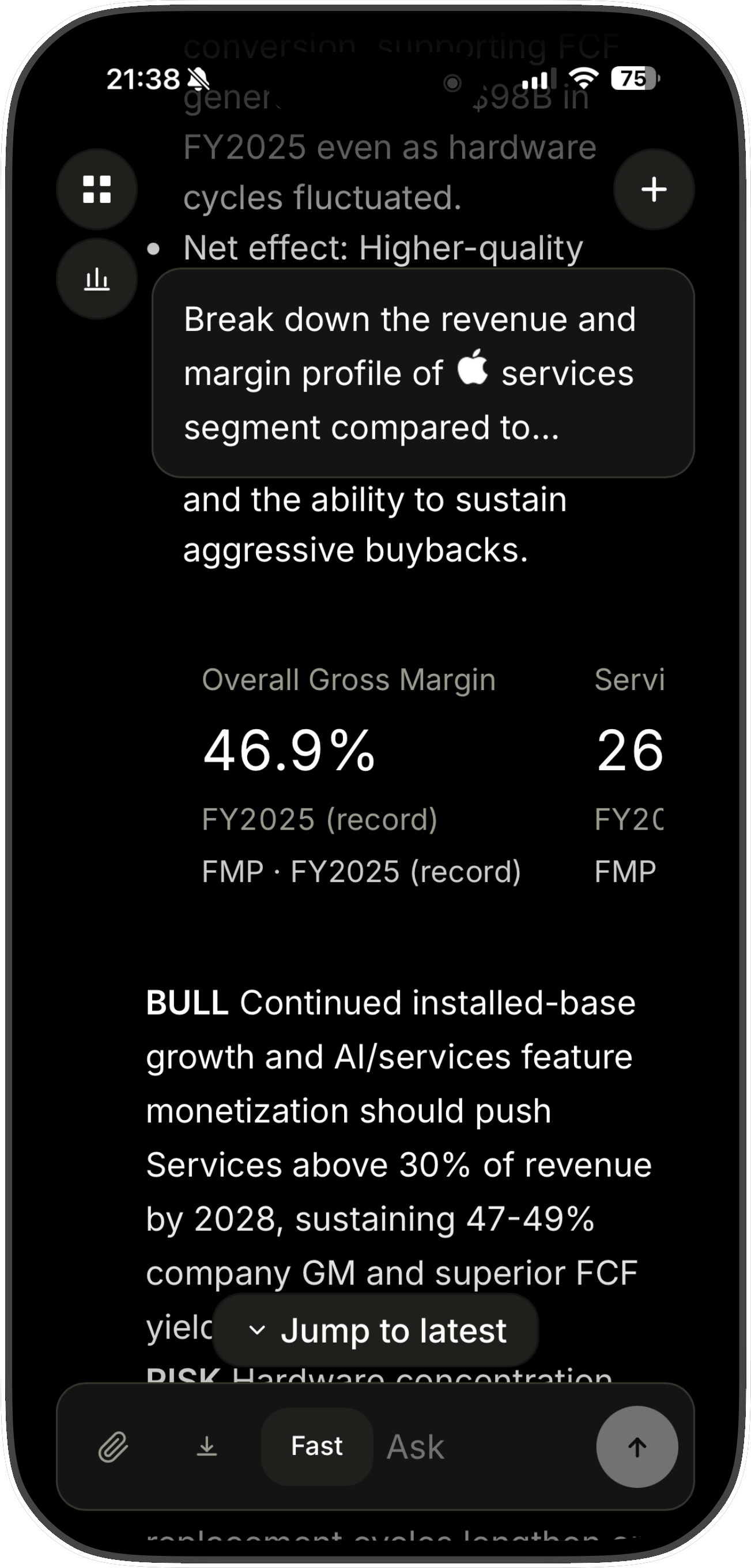 iPhone showing Blinx with Apple services margin analysis