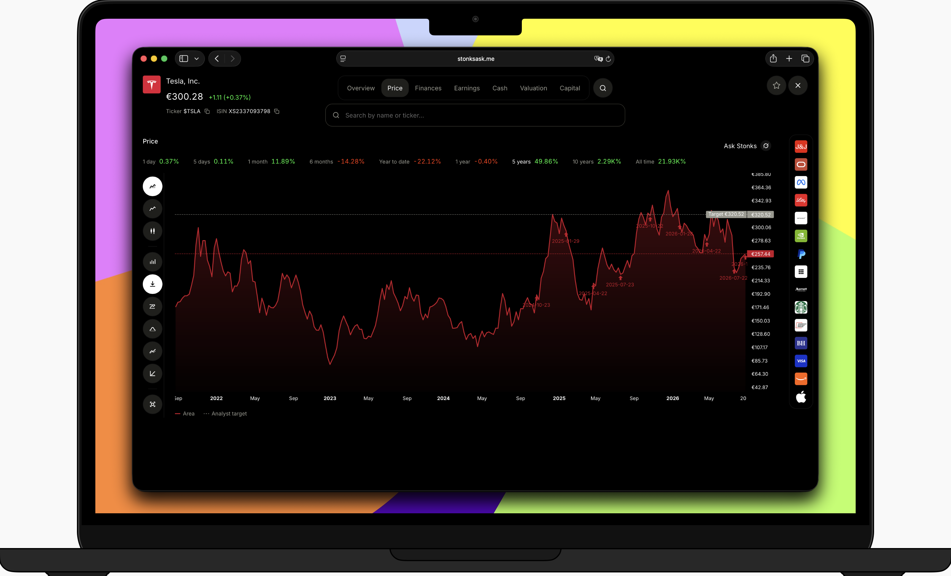 MacBook showing a Tesla 5-year price chart in Blinx